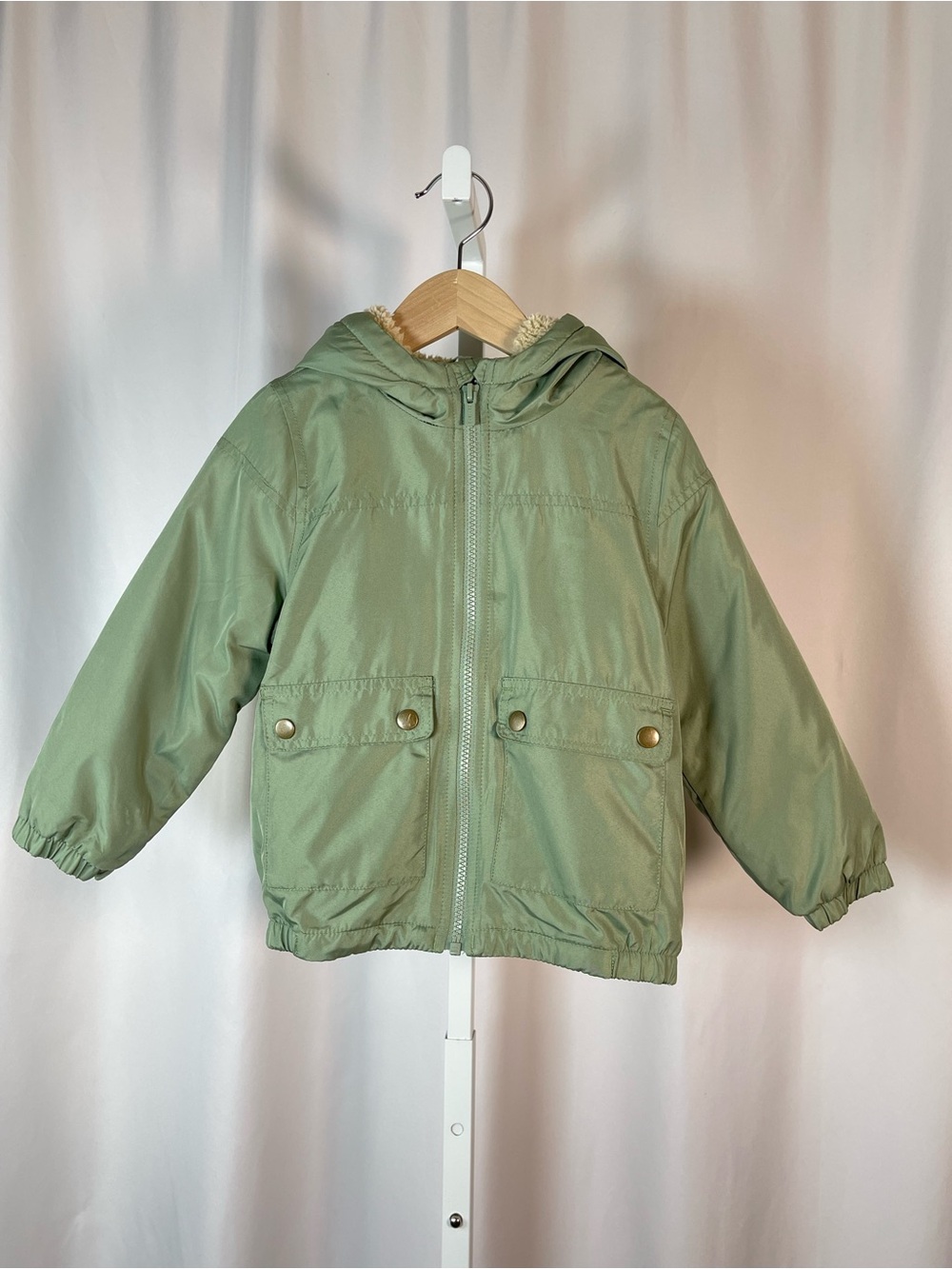 Carter's 4T Light Sage Green Hooded Puffer Jacket Fleece Lined Warm Pockets Fall